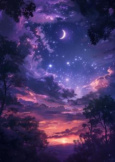 the sky is filled with stars and clouds as the sun sets in the distance behind trees