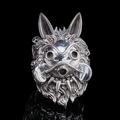 .925 solid sterling silver. Princess Mononoke raised by wolf spirits, would wear the ancient mystical wolf mask as a representative of the forest gods and spirits. The ring has Kodama (tree spirit) design on the inside. Kodama Tree Spirit, Mystical Wolf, Spirit Design, Raised By Wolves, Wolf Mask, Tree Spirit, Wolf Spirit, Princess Mononoke, The Forest