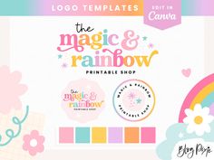 the magic and rainbow logo is displayed in front of a white background with pink, blue,