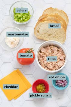 the ingredients to make tuna salad are shown in separate bowls and labeled with words on them