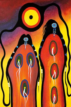 an abstract painting with two women standing in front of a bright orange sun and black circles