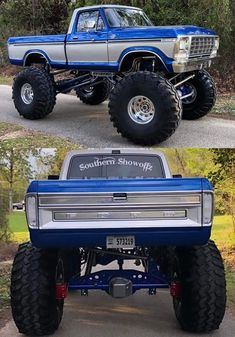 two pictures of the same truck with four wheels, one in blue and one in white