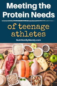 an image of food with the words meeting the protein needs of teenage athletes on it