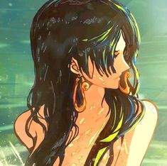 a woman with long black hair and large gold hoop earrings on her head is standing in the water