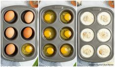 three pictures show eggs in an egg tray, and one shows the same way to cook them