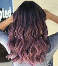 Mauve Brunette Hair, Smokey Mauve Hair, Purple Hair With Brown Roots, Brown Mauve Hair, Lavender Hair Dark Roots, Purple Hair Dark Roots, Dark Mauve Hair, Dusty Mauve Hair Color, Mauve Balayage