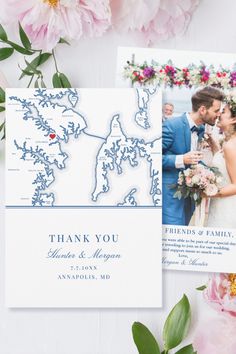 the wedding thank card is shown next to pink flowers and greenery, with a map photo on it