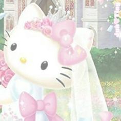 an image of a hello kitty with flowers on her head and dress in front of a castle