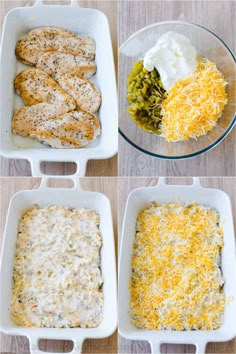 four pictures showing how to make chicken enchilada casserole with cheese and sour cream