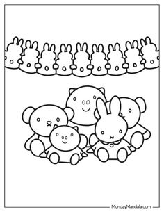 an adult and child coloring page with three rabbits in the grass, one sitting on top of