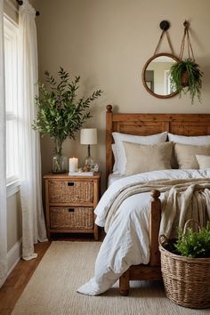 a bed with white linens and pillows in a bedroom next to a basket filled with potted plants