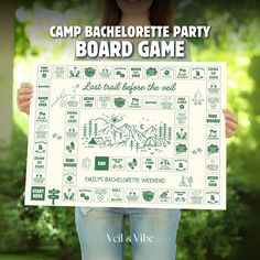 the camp bachelor party board game is in front of a woman holding up a poster