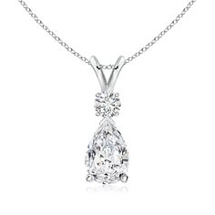 This classic solitaire pendant features a pear-shaped diamond, secured in a prong setting. A brilliant round diamond sits atop the sparkle gemstone adding to the design's beauty. Simple yet alluring, this diamond pendant with a lustrous v-bale. Classic Teardrop Diamond Cut Necklace, Classic Teardrop Diamond Solitaire Necklace, Classic Teardrop Brilliant Cut Diamond Necklace, White Drop Solitaire Necklace Classic Style, Pear-shaped White Diamond Necklace, Classic Teardrop Solitaire Necklace With Diamond Accents, Classic Teardrop Solitaire Necklace With Brilliant Cut, Classic Solitaire Teardrop Necklace With Diamond Accents, Classic Solitaire Necklace With Diamond Accents And Teardrop Shape