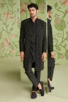 Black embroidered long jacket in bead and sequin work. Paired with solid kurta and pant. - Aza Fashions Kurta With Long Jacket For Men, Fancy Kurta For Men, Mens Long Jacket, Short Kurta For Men, Indian Wedding Clothes For Men, Kurta Pajama Men, Overcoat Men, Kurta Set For Men, Sherwani For Men