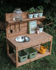 a potting bench made out of pallet wood