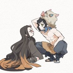 two anime characters sitting on the ground with their backs to each other, one holding an animal's head