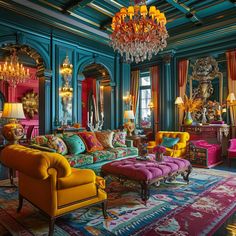 a living room filled with colorful furniture and chandelier hanging from the ceiling,