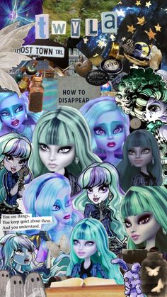 a collage with many different pictures and words on it, including an image of the characters