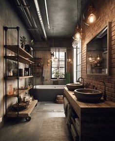 an industrial style bathroom with brick walls and exposed ceiling lights, two sinks, open shelving shelves, and a bathtub in the middle