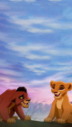 the lion king and cub are standing in front of a blue sky with white clouds