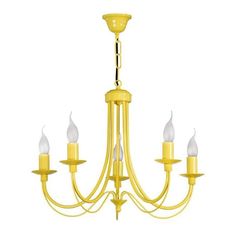 a yellow chandelier with five lights hanging from it's sides and four arms