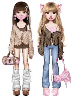 two girls are standing next to each other in front of a white background and one is holding a pink purse