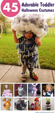 a little boy that is standing on a scooter with clouds over his head