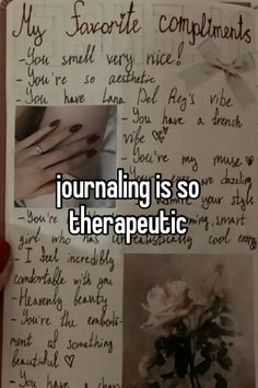 someone is writing on their notebook with the words journaling is sotherapeutic