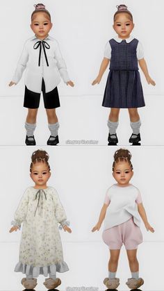 four different children's clothes and shoes are shown in three different positions, one is white