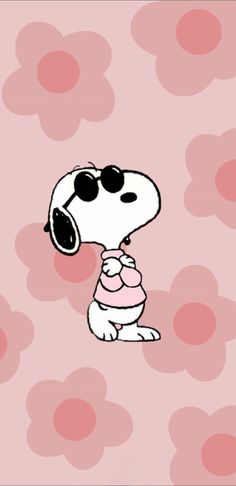 a cartoon dog with sunglasses on its head and wearing a pink shirt, standing in front of flowers