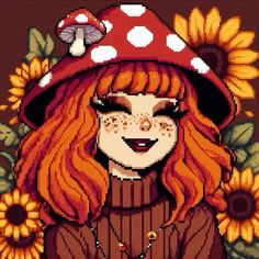 a woman with red hair wearing a hat and sunflowers in front of her