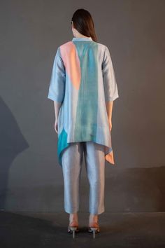 Coral blue short tail kaftan with abstract geometric and floral print. Paired with striped straight pant. - Aza Fashions Short Kaftan, Pant For Women, Kurta Designs Women, Dupion Silk, Coral Blue, Kurta Designs, Band Collar, Pants Pattern, Straight Pants