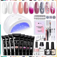 UR SUGAR Extension Gel Nail Kit with 48W LED Nail Lamp 8 Colors Nail Extension Gel with Slip Solution Base Top Coat Rhineston Poly Extension Gel, Nail Art Tool Kit, Gel Nail Set, Sugar Nails, Nail Primer, Gel Nails At Home, Romantic Nails