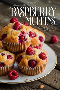 raspberry muffins stacked on top of each other with the words, raspberry muffins