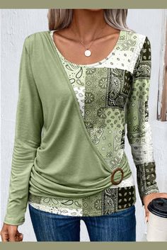 Asymmetry Patchwork Light Green Scoop Neck T Shirt Casual Elegant Style, Patchwork Top, Women Shirts Blouse, Patchwork Designs, Knitted Tshirt, Casual Blouse, Long Sleeve Knit, Elegant Fashion, Brunei