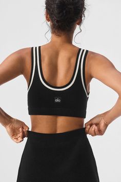 Cut from a softly textured cotton knit with a slew of preppy details, this bra top brings a touch of tenniscore to any look. It has a lightly supportive fit with tank straps, a classic scoop neck, and a scooped-low back. And as for that cute, contrasting trim? It pairs perfectly with the rest of the Tennis Club collection. Sporty Ribbed Scoop Neck Sports Bra, White Sporty Sports Bra For Everyday, Sporty White Sports Bra For Everyday, Sporty Knit Fitted Tops, Fitted Knit Sporty Tops, Sporty Fitted Knit Tops, Alo Yoga Athleisure Bra-friendly Top, Alo Yoga Athleisure Bra Friendly Top, White Ribbed Sporty Crop Top