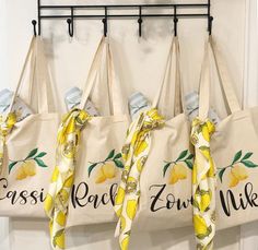 four lemons are hanging from hooks on the wall next to each other, with ribbons in front of them