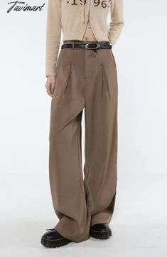 Tavimart Khaki Womans Pants High Waist Vintage Advanced Sense Straight Trouser 2023 American Style Chic Design Baggy Wide Leg Suit Pants Baggy Brown Solid Color Pants, Baggy Brown Pants Solid Color, Brown Baggy Wide Leg Pants For Work, Brown Solid Color Work Pants, Brown Wide-leg Dress Pants With Pockets, Brown Straight Pants, Womans Pants, Wide Leg Suit Pants, Mint Green Prom Dress