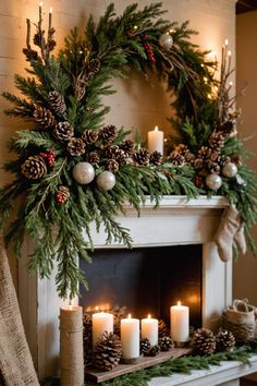 a mantel with candles, pine cones and wreaths on top of it in front of a fireplace