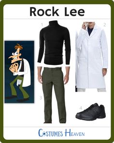 a man in white coat and green pants next to an image of a cartoon character