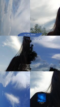 the sky is very cloudy and blue with some clouds in front of it, as well as an image of a woman's face