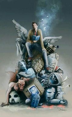 a man sitting on top of a pile of junk with an angel above his head