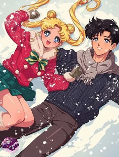 two people laying in the snow with one person wearing a red sweater and green skirt