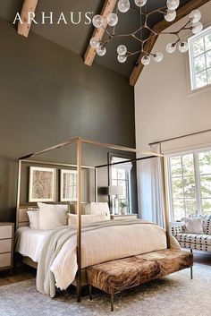 a bedroom with a canopy bed and white pillows on the pillowed bedspread