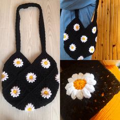 a crocheted black purse with white and yellow daisies on the front, and bottom