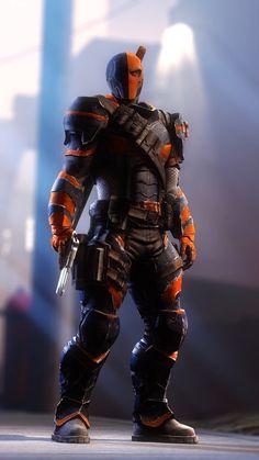 an orange and black robot standing in the middle of a room with his hands on his hips