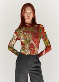 Floral Skeleton Print Mesh Turtleneck in Red Multi Print Mesh Turtleneck Outfit, Floral Skeleton, Mesh Turtleneck, Turtleneck Outfit, Trousers Details, Mesh Tops, Digital Closet, Skeleton Print, Long Sleeve Turtleneck