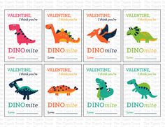 valentine's day cards with dinosaurs in different colors and font on the front