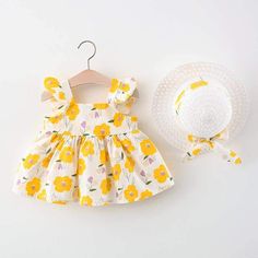 Baby Girl Floral Print Dress & Straw Hat - PrettyKid Girls Beach Dress, Girls Velvet Dress, Newborn Baby Dresses, Girls Ruffle Dress, Toddler Party Dress, Summer Baby Clothes