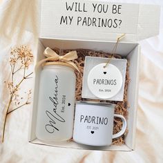 two personalized coffee mugs in a gift box with the words will you be my partner?